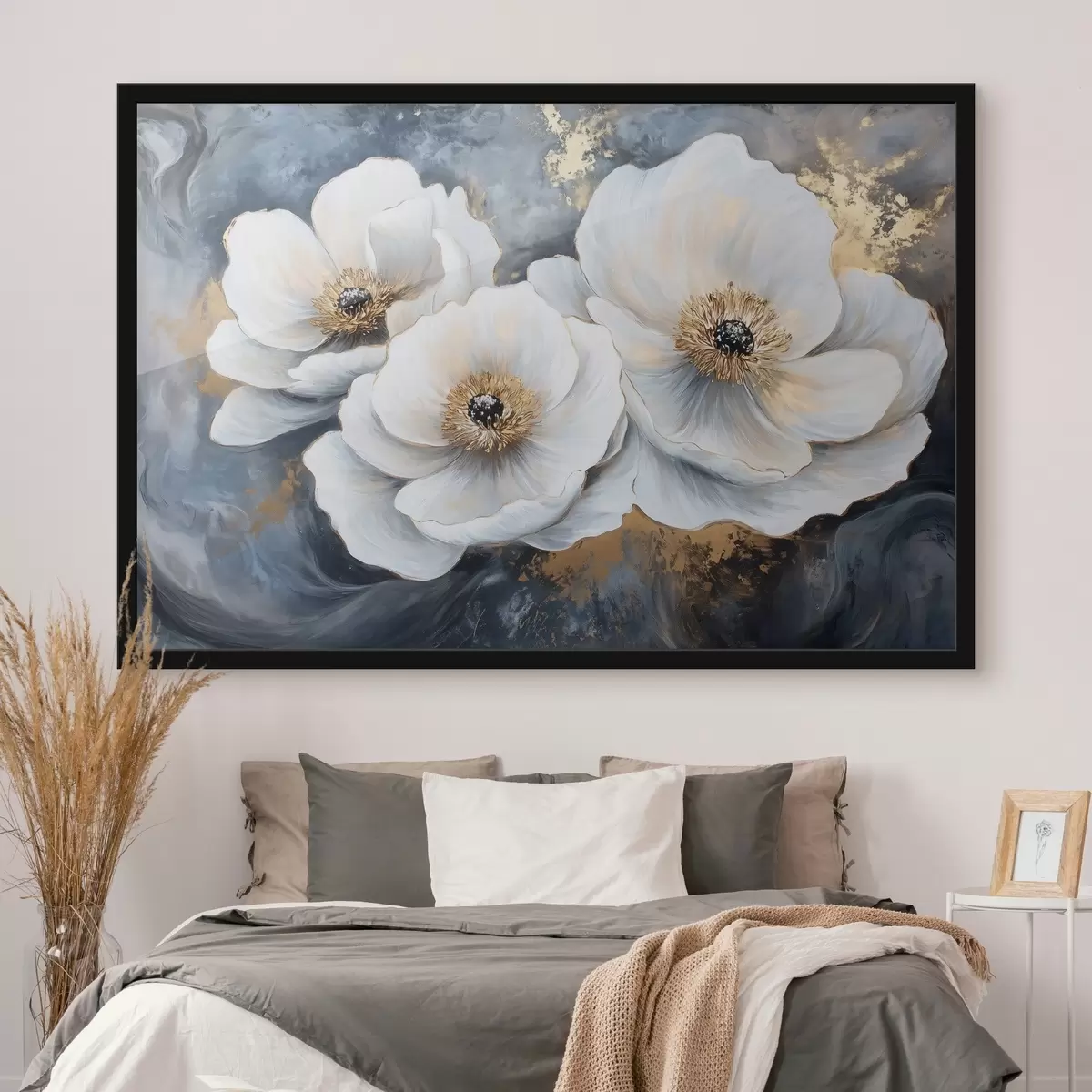 Plakat Valged õrnad lilled õlimaalide löökide taustal f41833