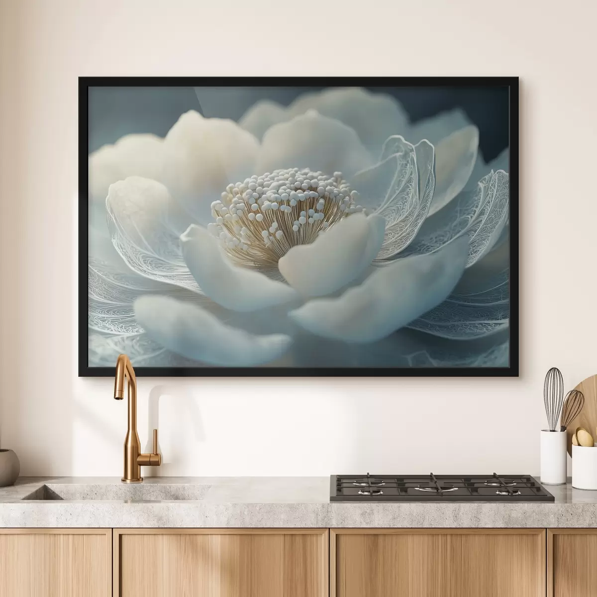 Plakat Valge õhuline lill, mille kroonlehtedel on mustrid f41838