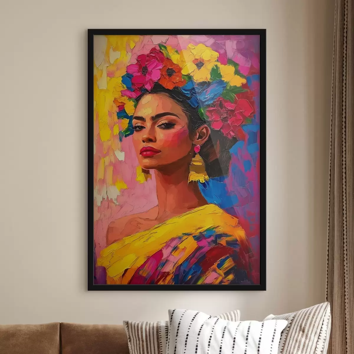 Plakat Naine kaunistatud heleda lillekrooniga värvilisel taustal f41809