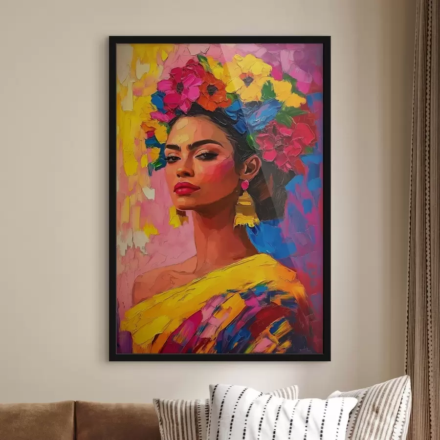 Fototapeedid Naine kaunistatud heleda lillekrooniga värvilisel taustal f41809