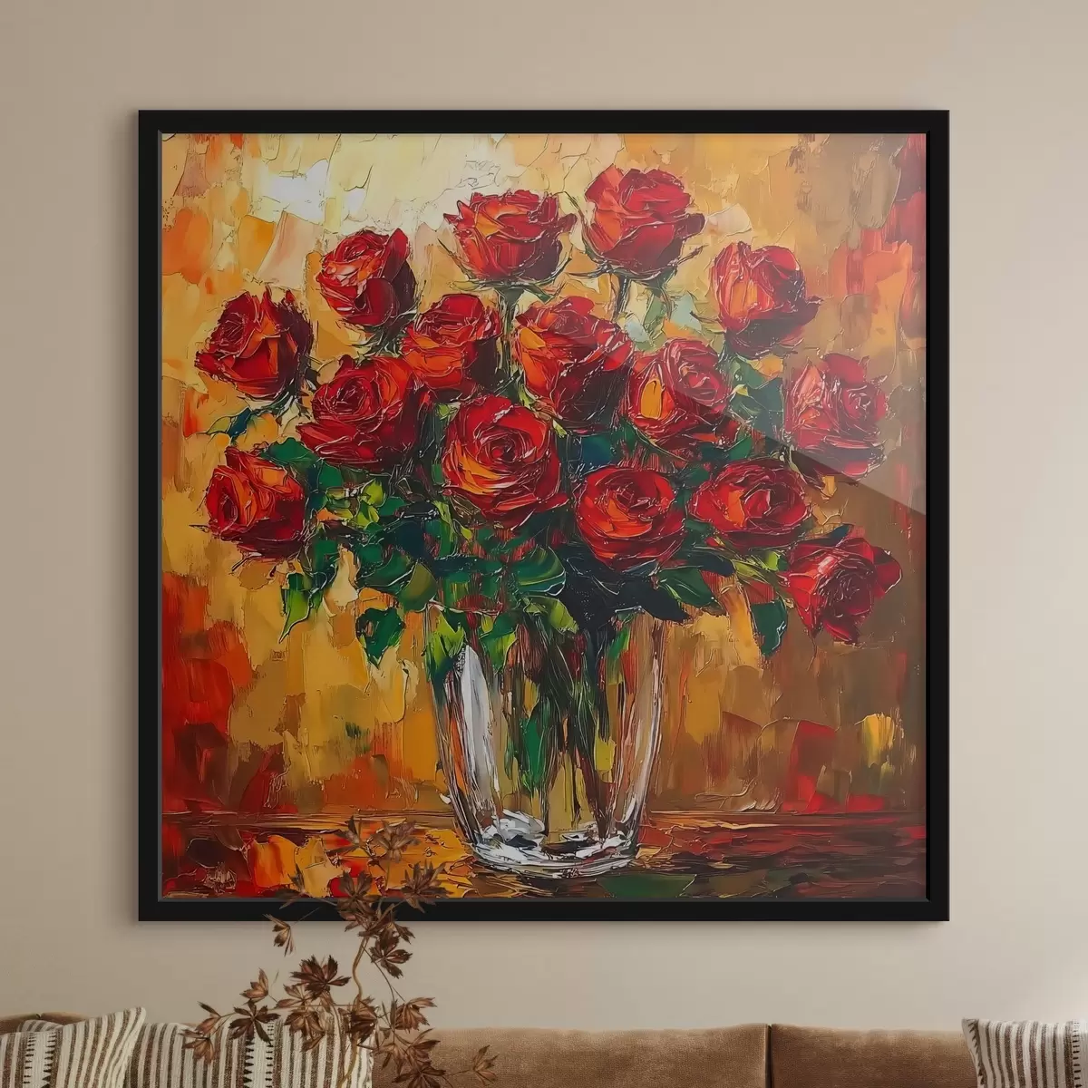 Plakat Punased roosid läbipaistvas vaasis soojal taustal f41816