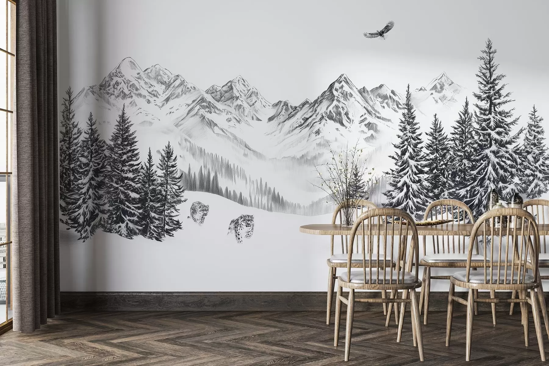 Fototapeedid Talvised mäed, lumeleopardid, männimets, pliiatsijoonistus, lendav kotkas w02360