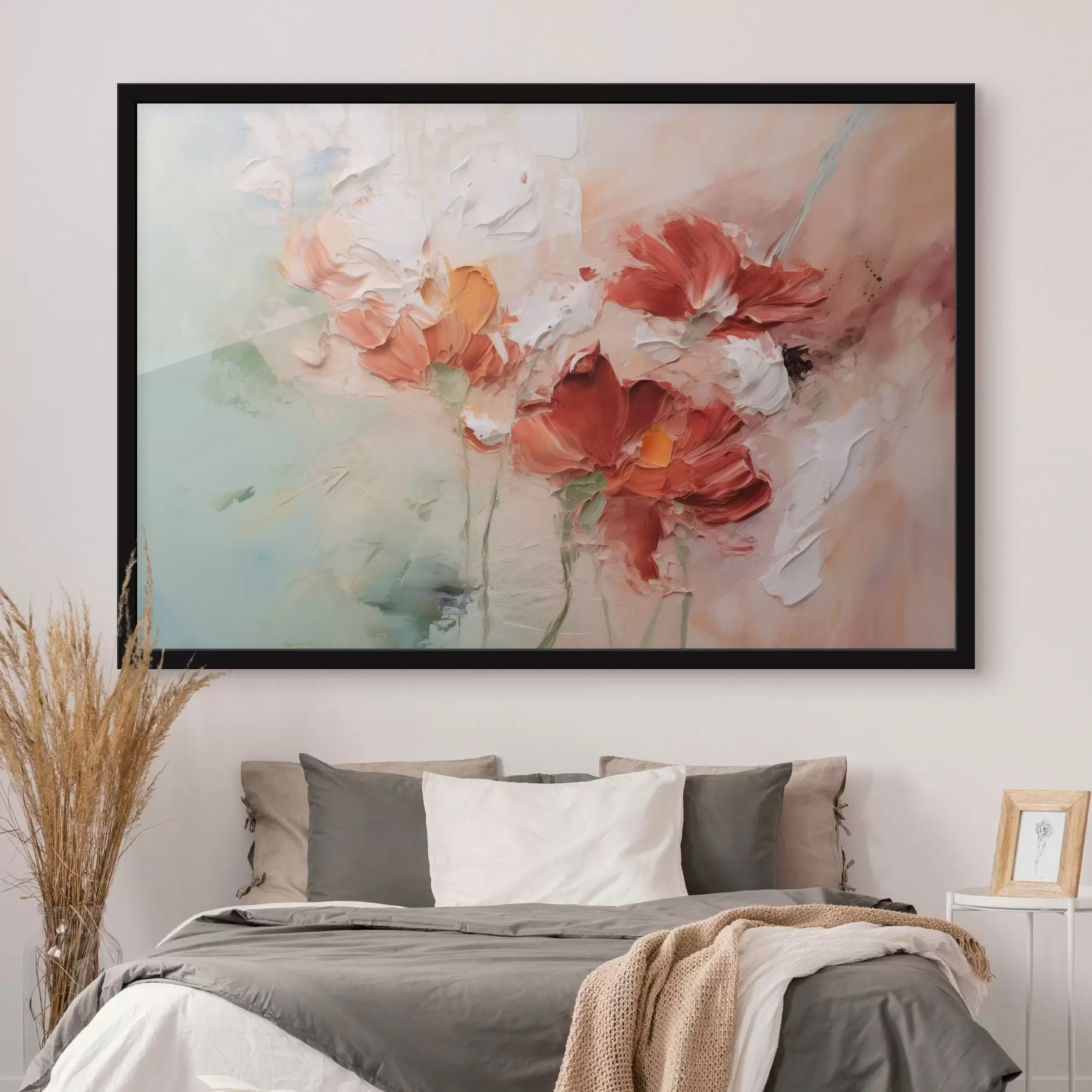 Fototapeedid Abstraktne kompositsioon lilledest, pintslitõmmete imitatsioon, roheline, punased toonid f41852