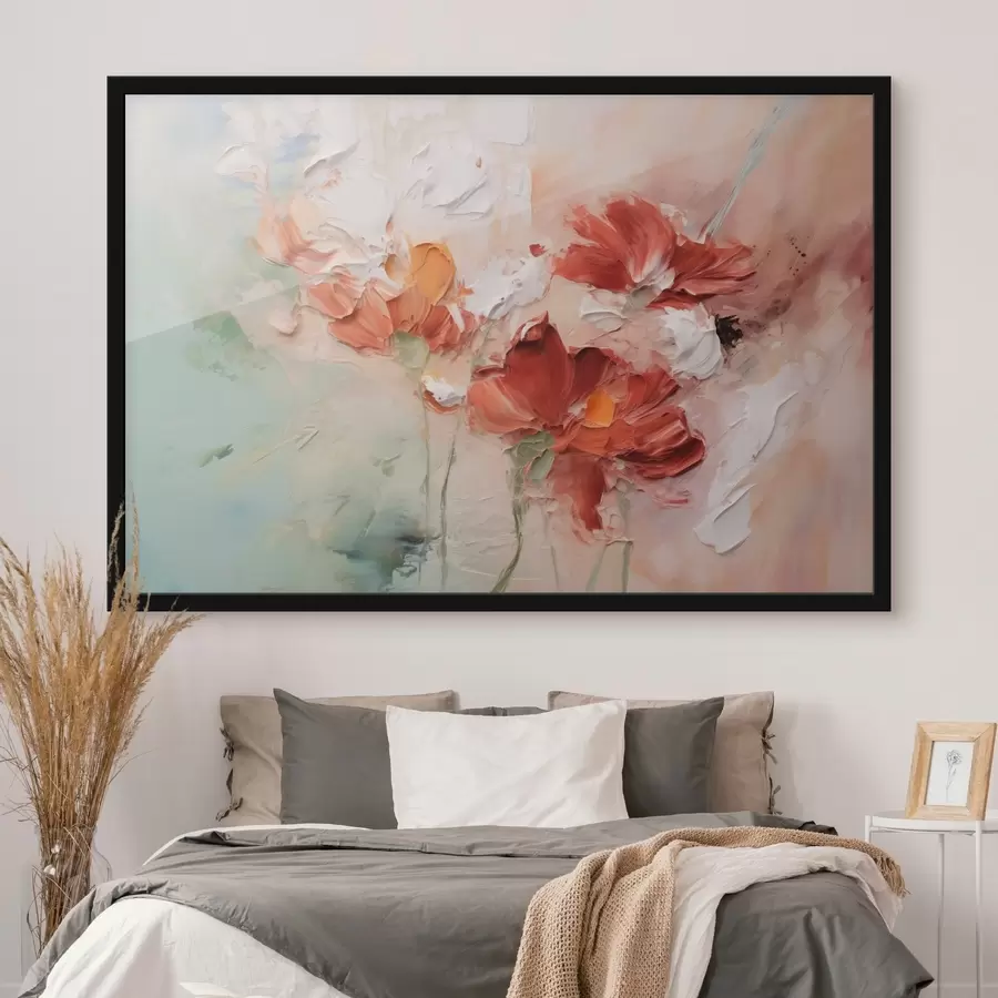 Fototapeedid Abstraktne kompositsioon lilledest, pintslitõmmete imitatsioon, roheline, punased toonid f41852