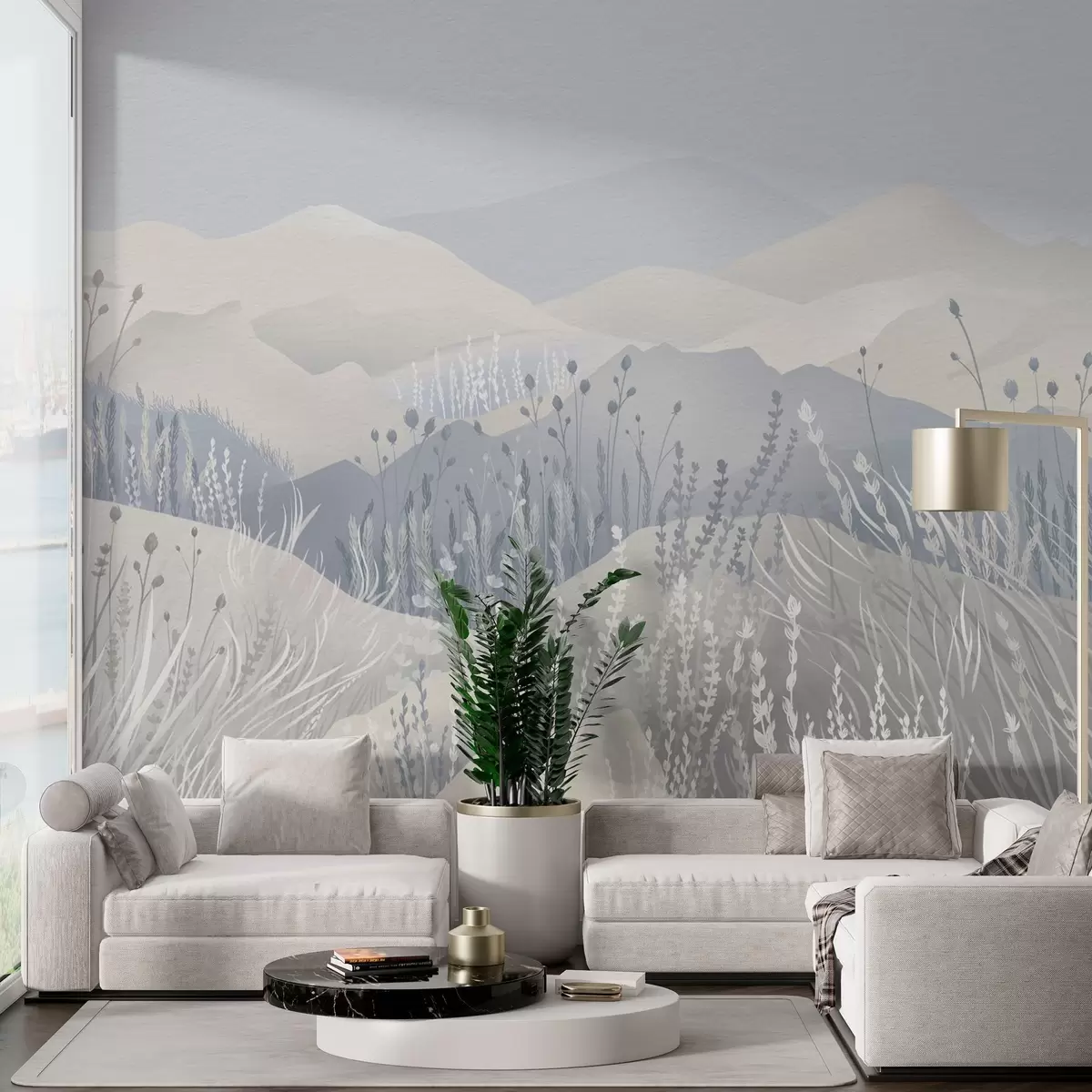 Fototapeedid Udusad mäed ning sinistes toonides rohtu ja lilli põldudel w02317v1