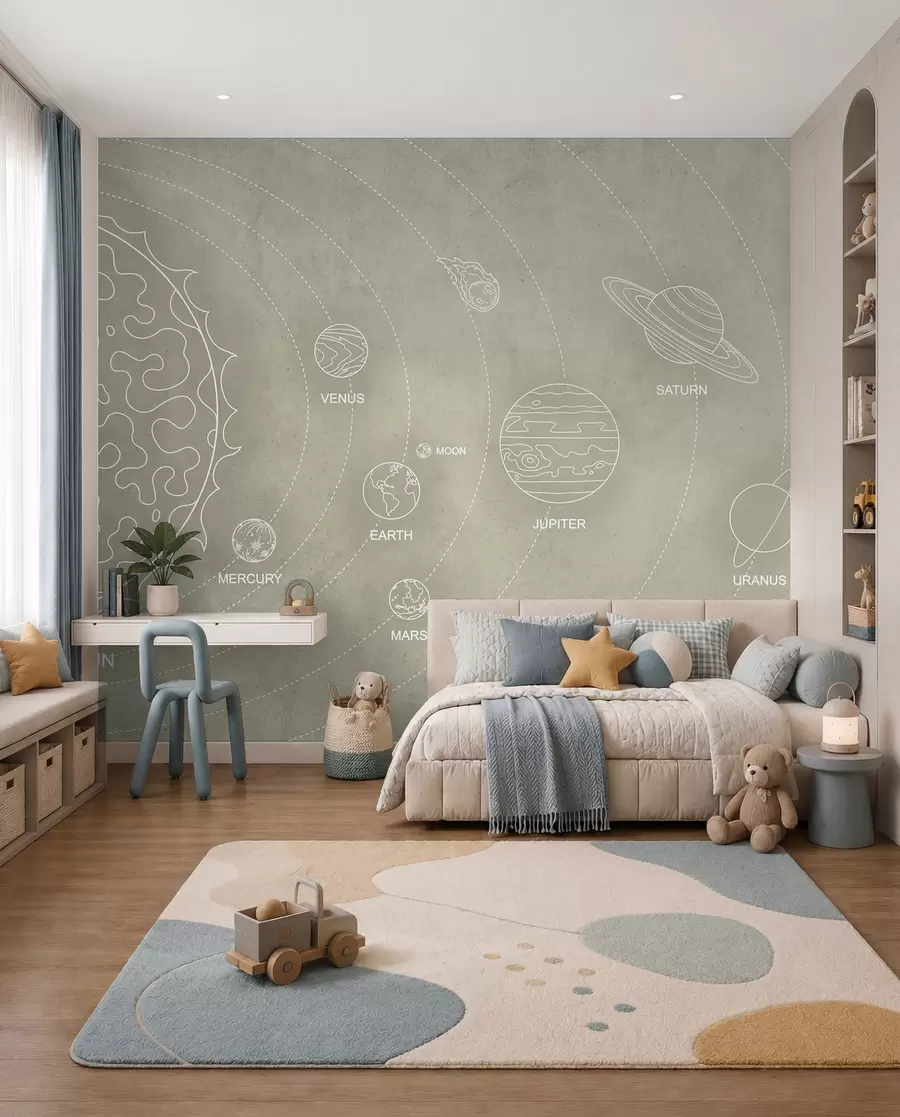 Fototapeedid Päikesesüsteem minimalistlikus stiilis jahedal beeži tekstuuriga taustal w02344