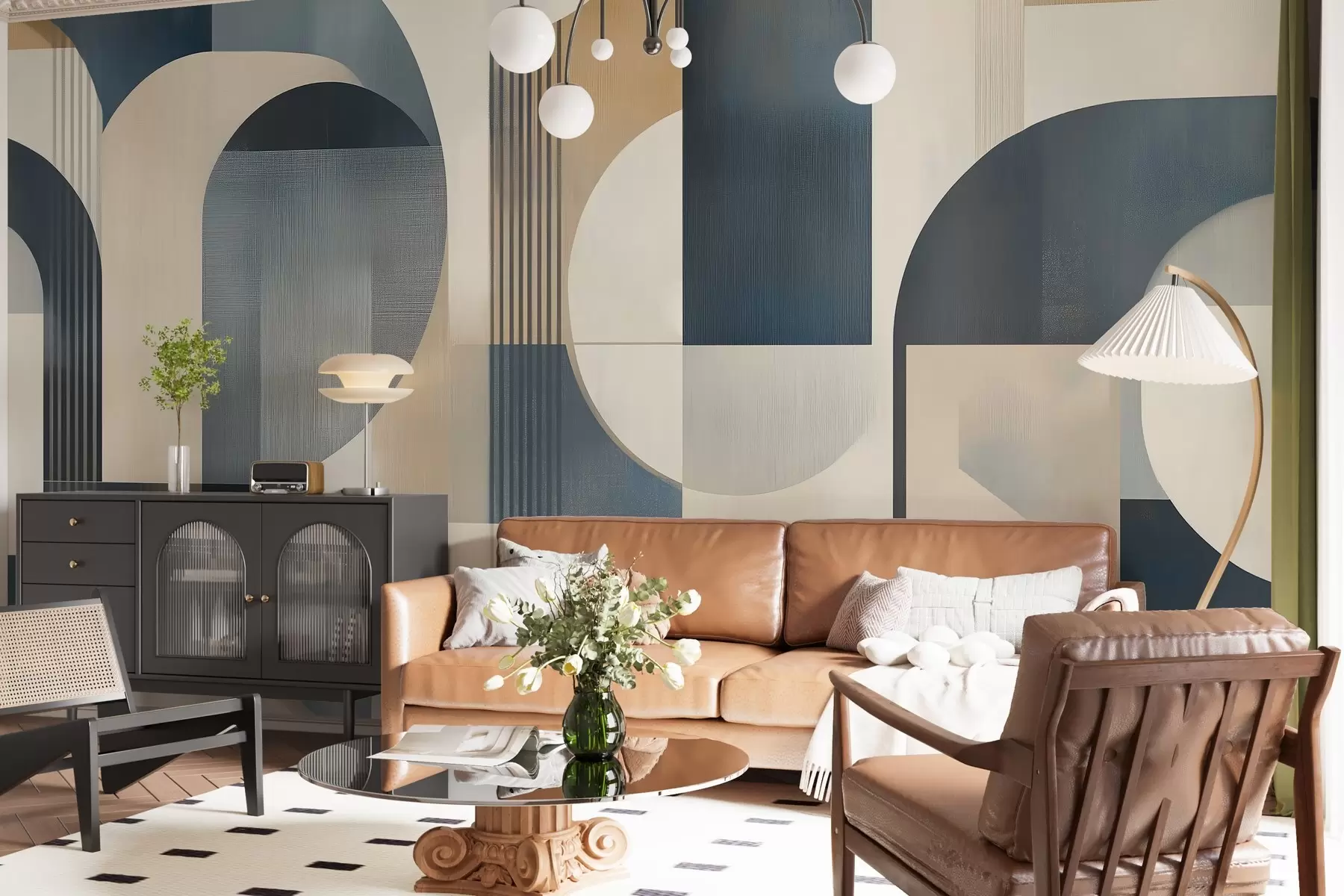 Fototapeedid Geomeetrilise mustriga sinise, beeži ja piimjas toonides art déco tapeet w02346