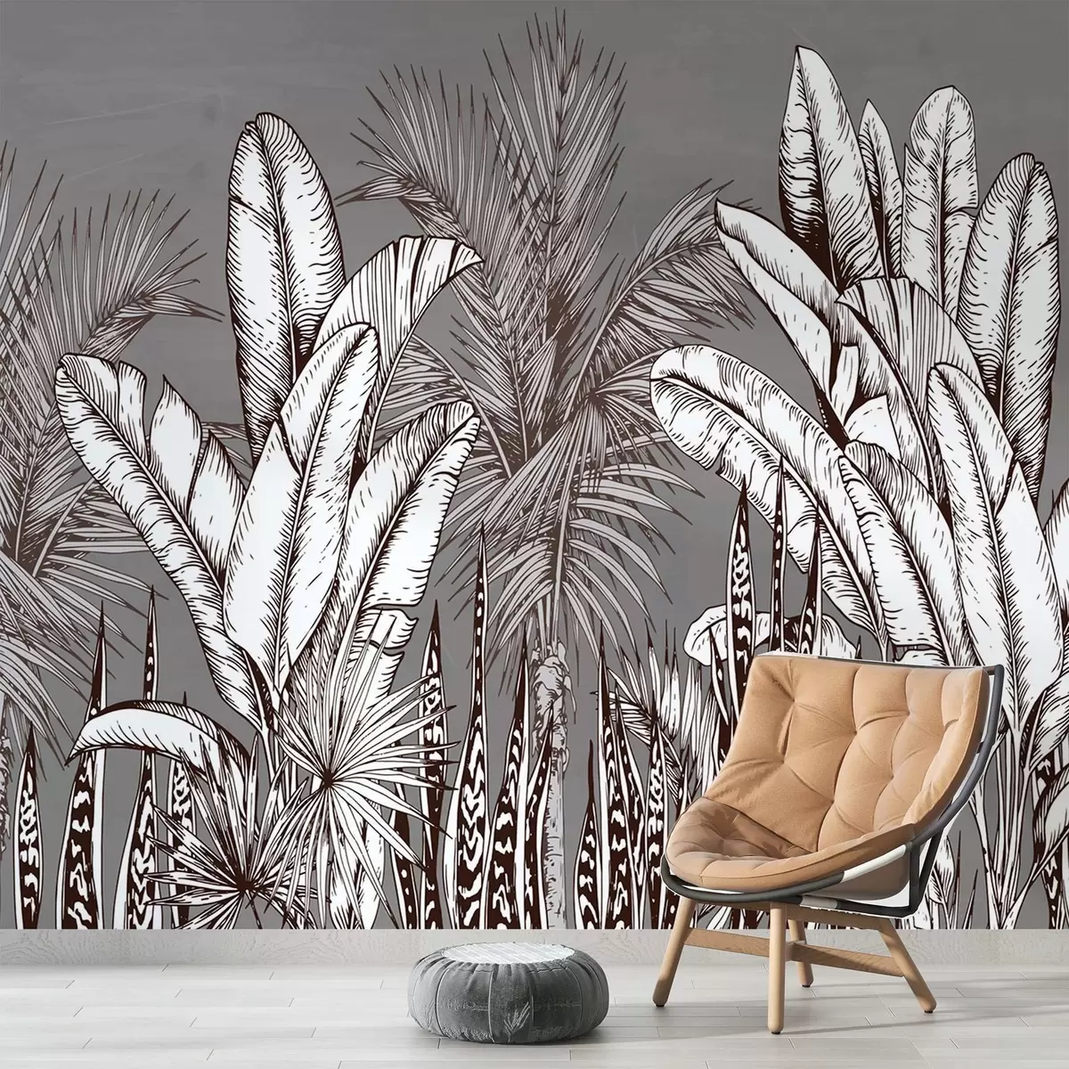 Fototapeedid Troopiliste lehtedega muster hallil taustal w02299