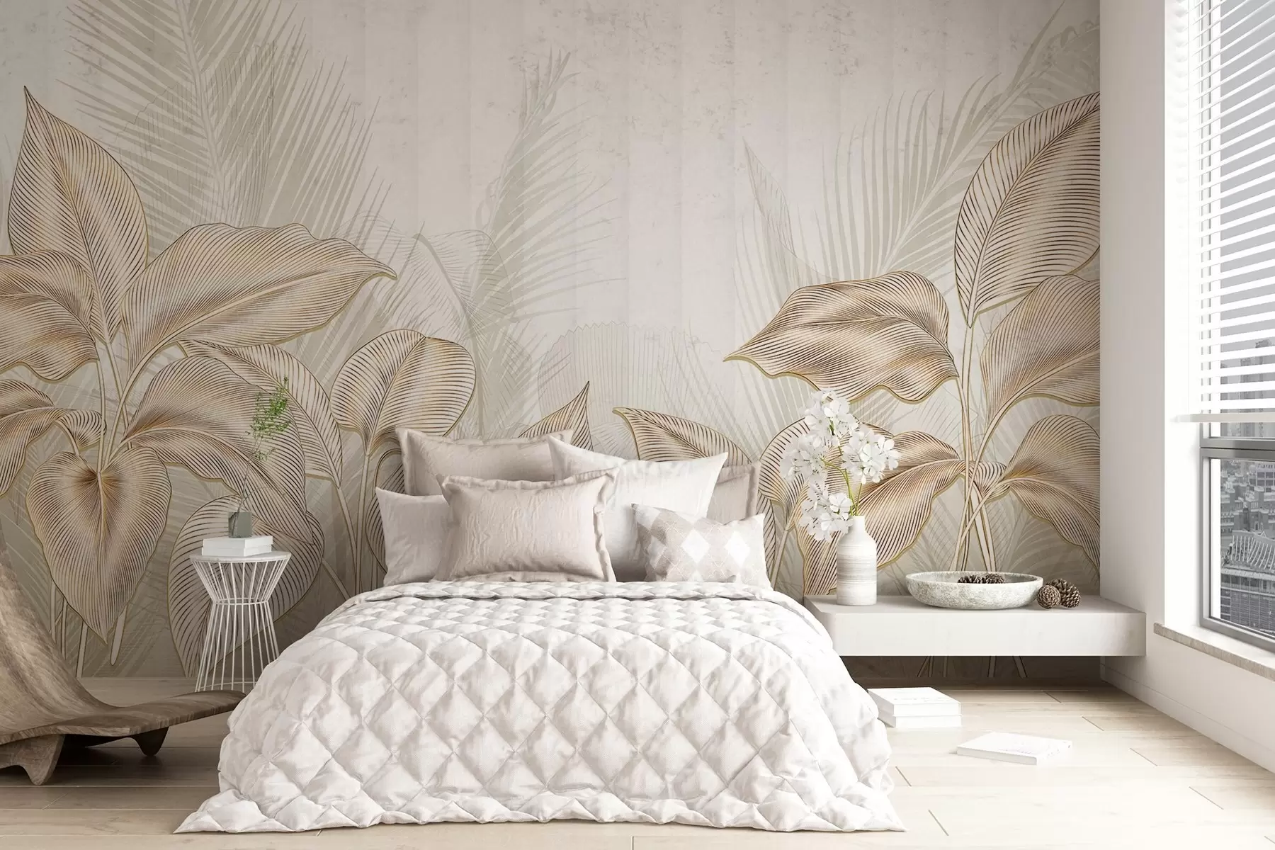 Fototapeedid Elegantsed valged ja beežid palmilehed heledal, tekstuursel taustal w08434