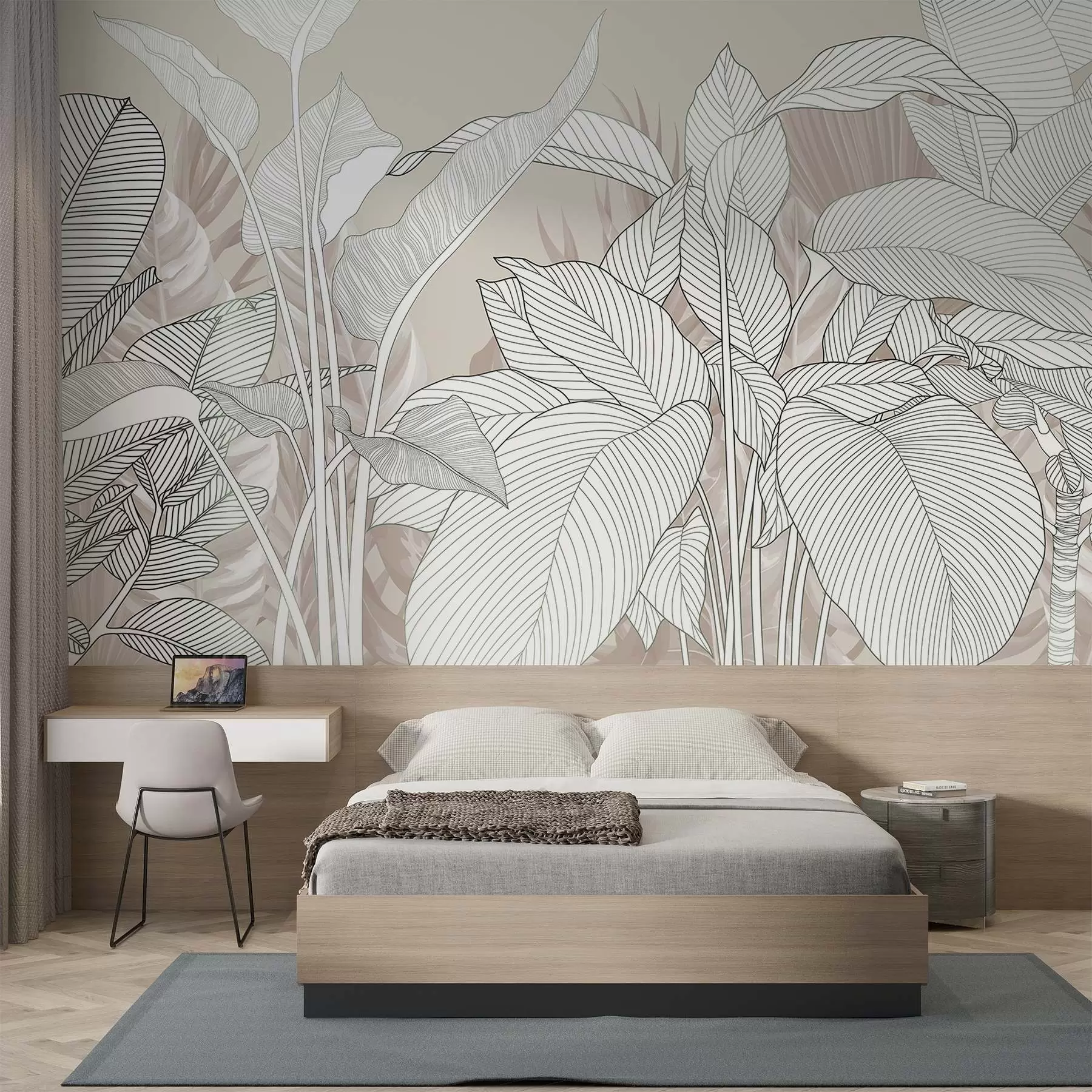 Fototapeedid Ühevärviline illustratsioon, millel on suured, stiliseeritud lehed ja lehestik koos keeruliste joonmustrite ja tekstuuridega w08436v1