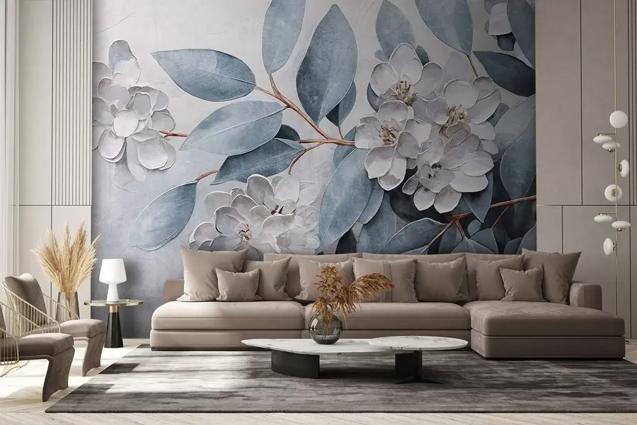 Fototapeedid Õrnad valged lilled koos hallikasroheliste lehtedega pehmel, summutatud taustal õlimaalide stiilis  w08437