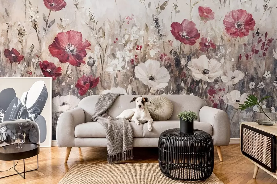 Fototapeedid Põld elavatest punastest ja valgetest lilledest pehmel, udusel taustal õlimaalide stiilis w08438