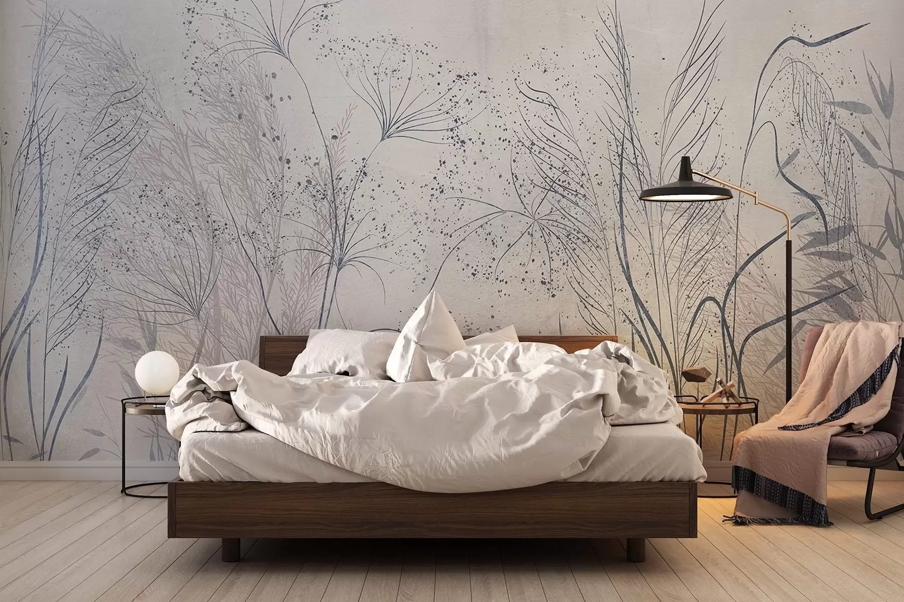 Fototapeedid Ühevärviline illustratsioon erinevatest hallidest taimedest ja õrnade, vildakate joonte ja tekstuuridega tüvikutest  w08441v1