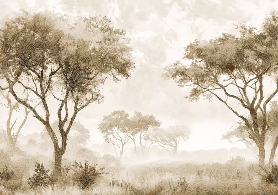 Fototapeedid Udune, rahulik maastik, mille esiplaanil on siluettpuud ja pehme udu pruunide ja beežide toonidega w08442v2