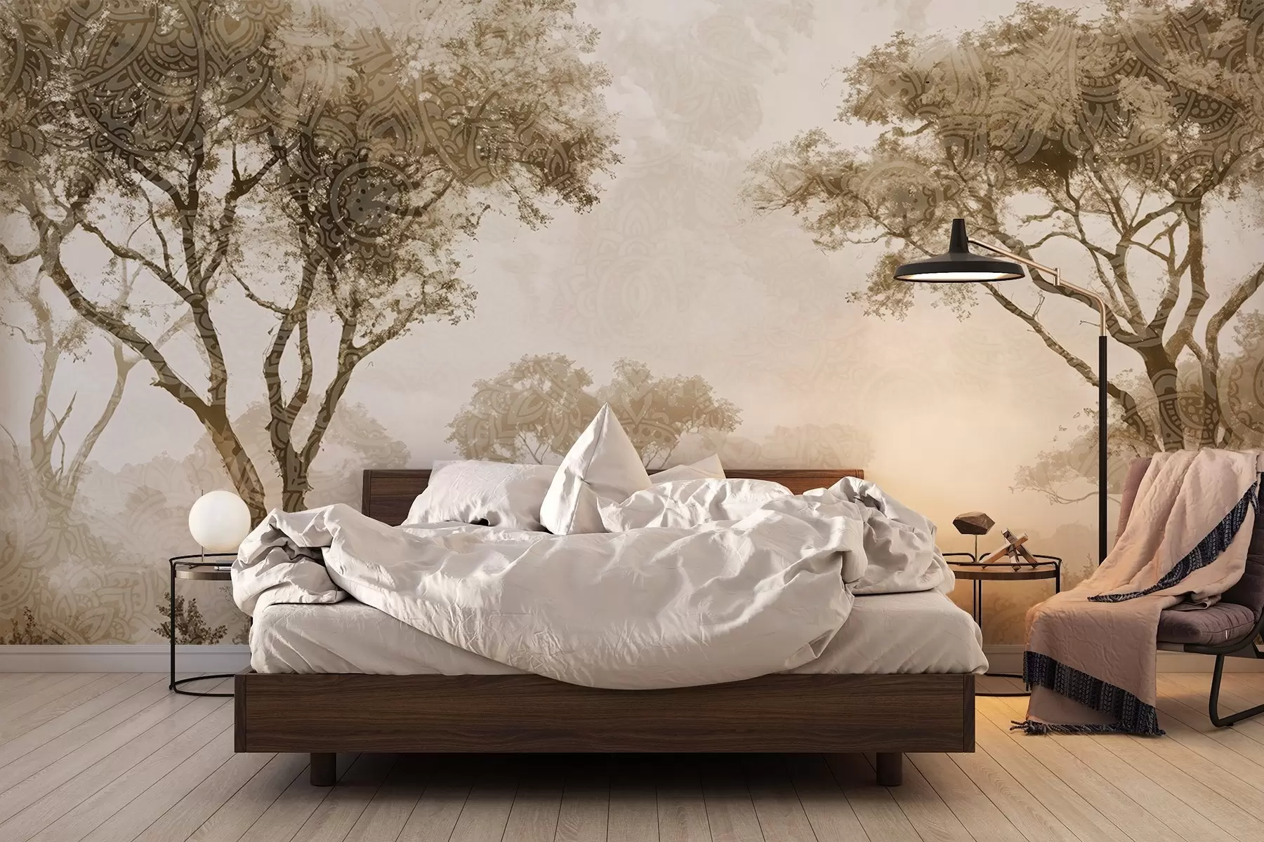 Fototapeedid Udune, rahulik maastik, mille esiplaanil on siluettpuud ja pehme udu pruunide ja beežide toonidega w08442v2