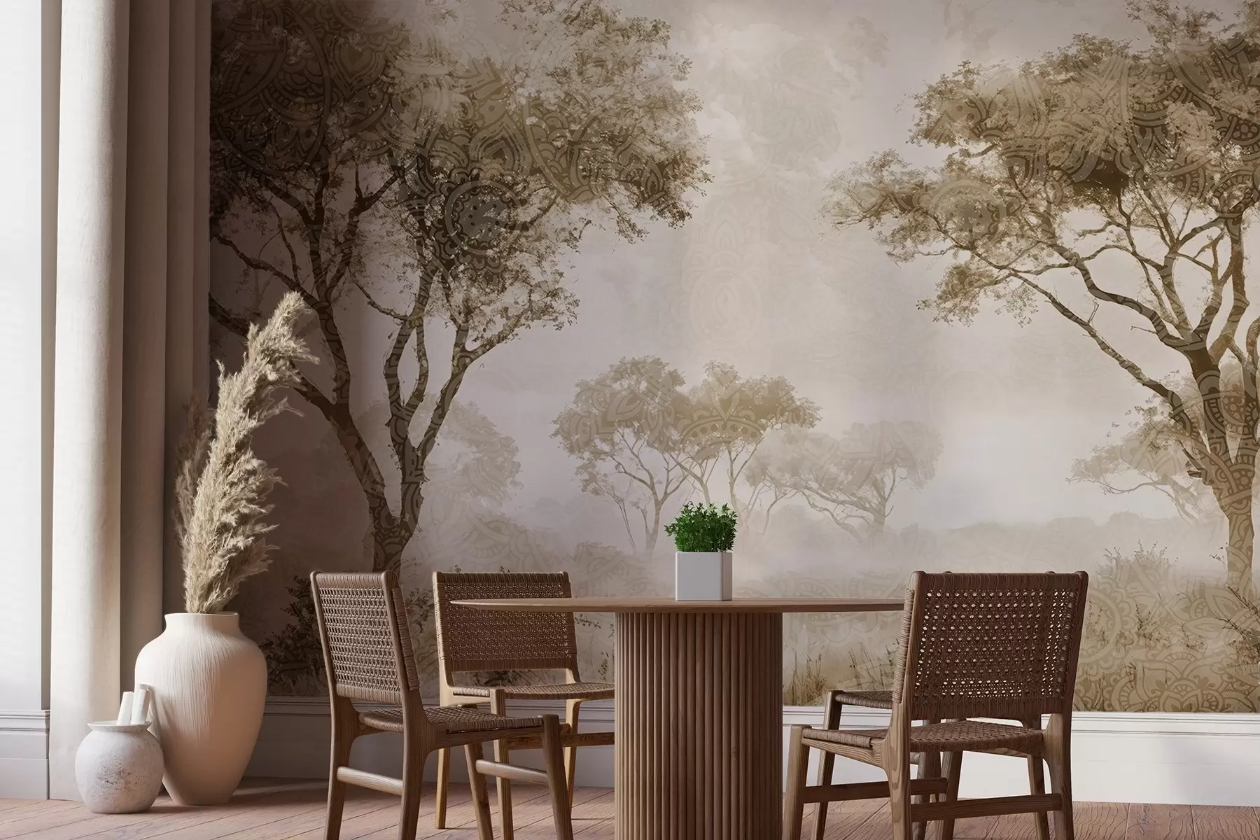 Fototapeedid Udune, rahulik maastik, mille esiplaanil on siluettpuud ja pehme udu pruunide ja beežide toonidega w08442v2