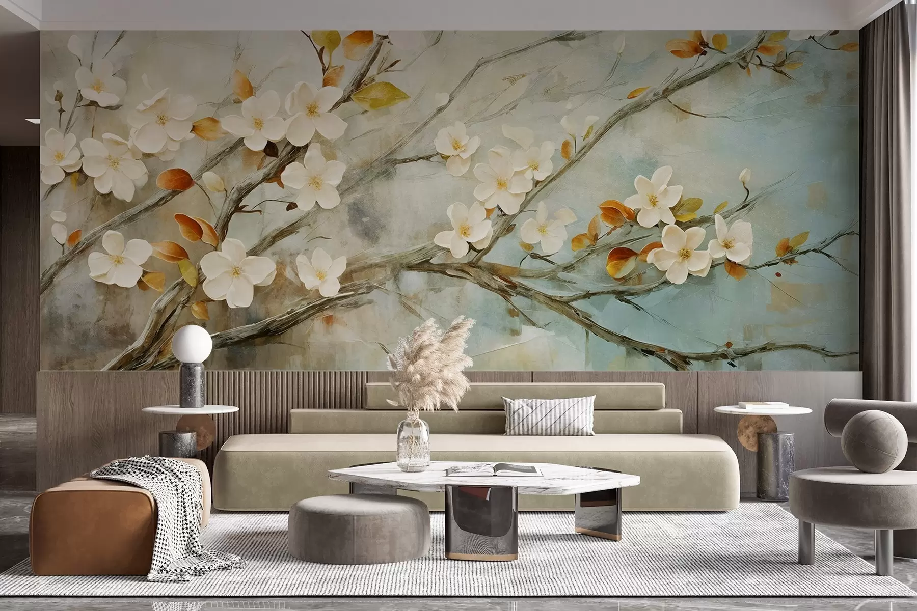 Fototapeedid Valged kirsiõied okstel pehme sinise ja rohelise tausta taustal õlimaalide stiilis w08444