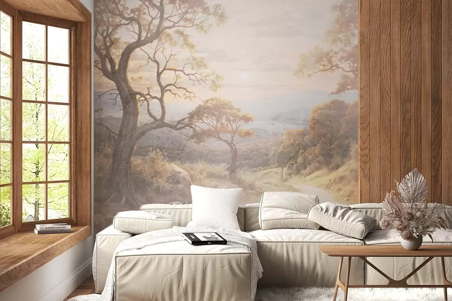 Fototapeedid Käänduv mullarada läbi lopsaka, sügisese metsa, kus on kõrged, väändunud puud ja soe päikesevalgus w08446