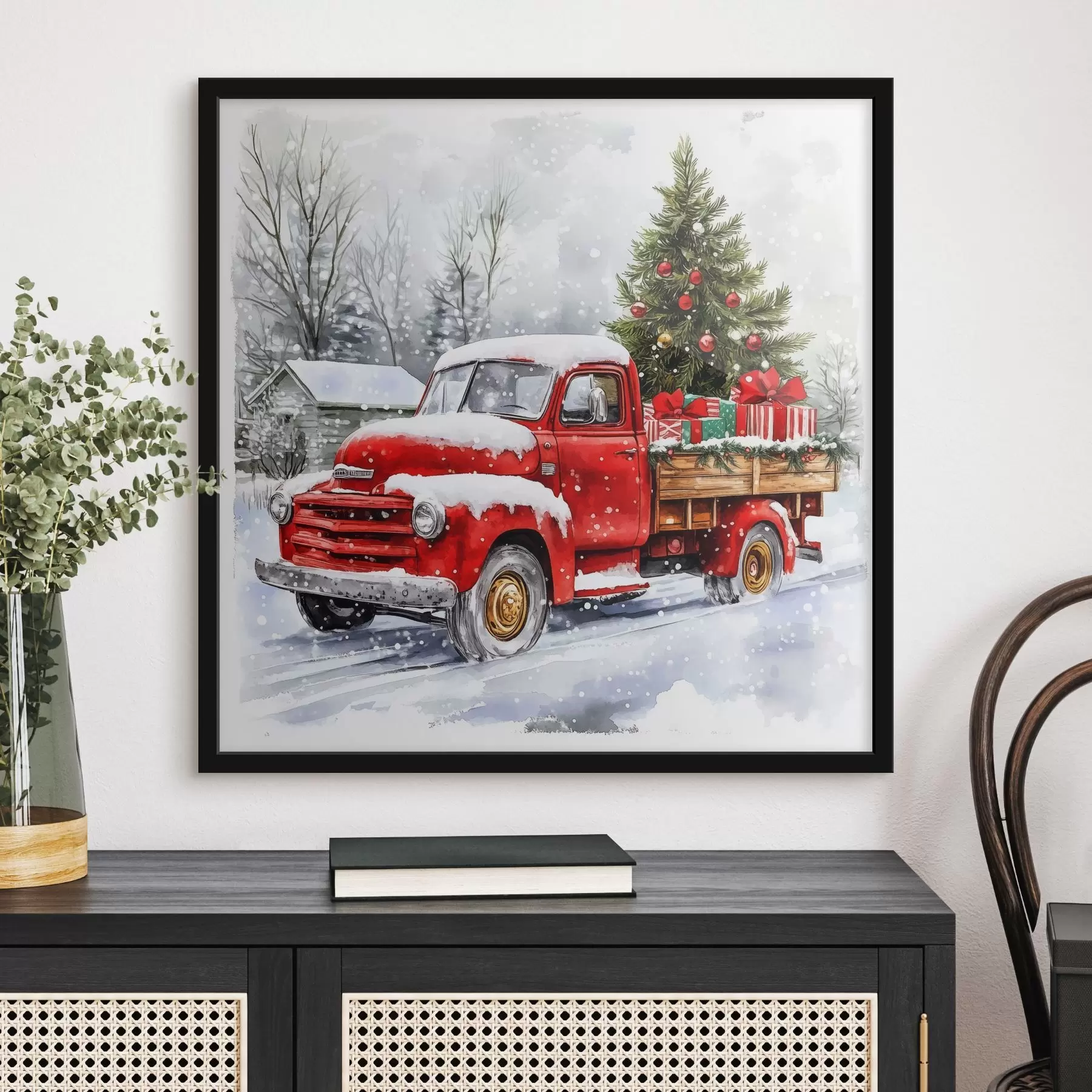 Pilt Jõuluauto koos kuuse ja kingitustega lumise ilmaga f41968