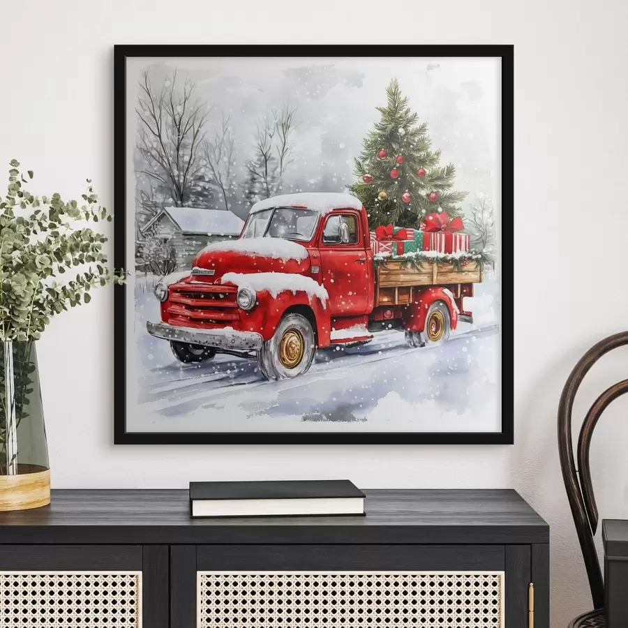 Fototapeedid Jõuluauto koos kuuse ja kingitustega lumise ilmaga f41968