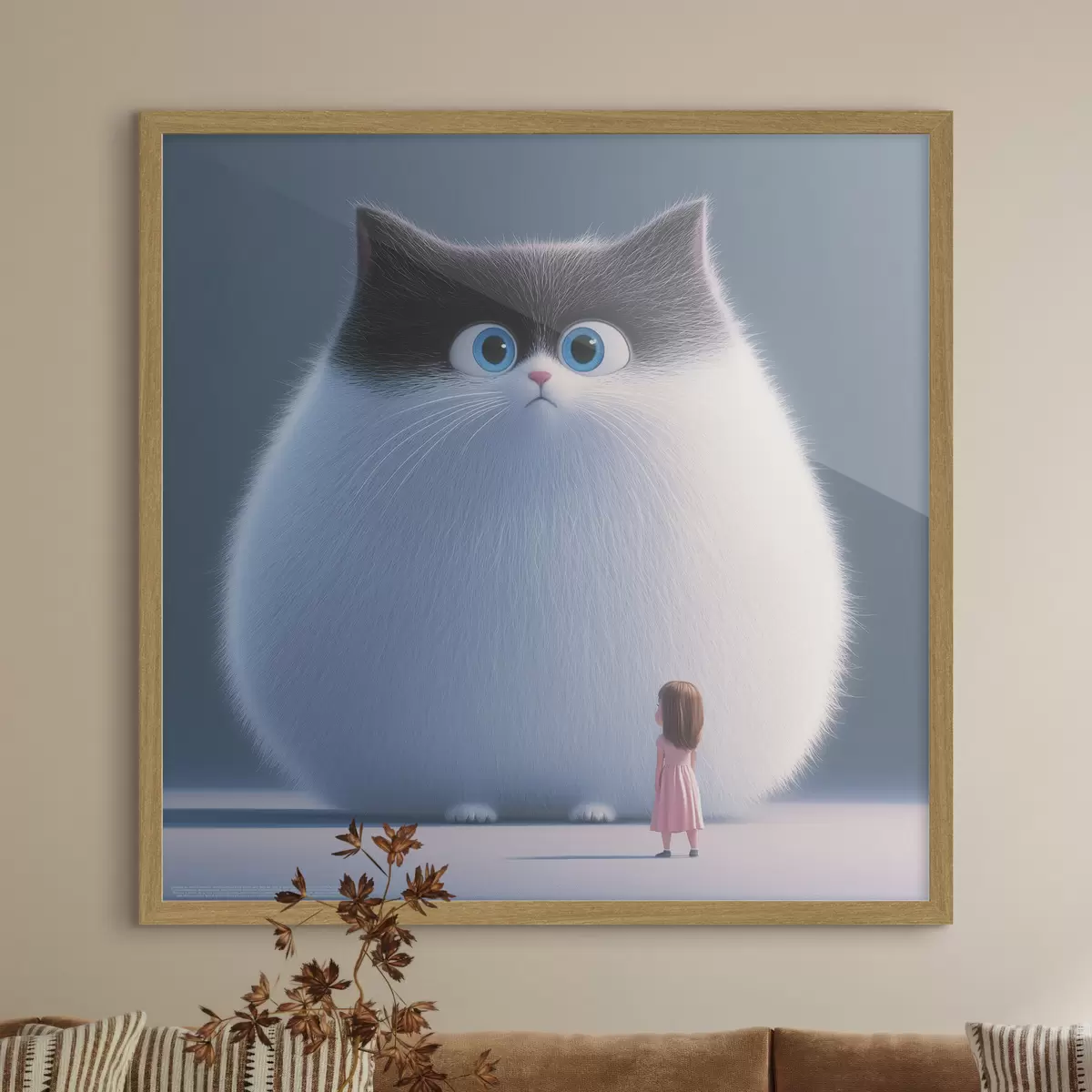 Plakat Üllatunud kohev kass koos tüdrukuga illustratsiooni stiilis f41974