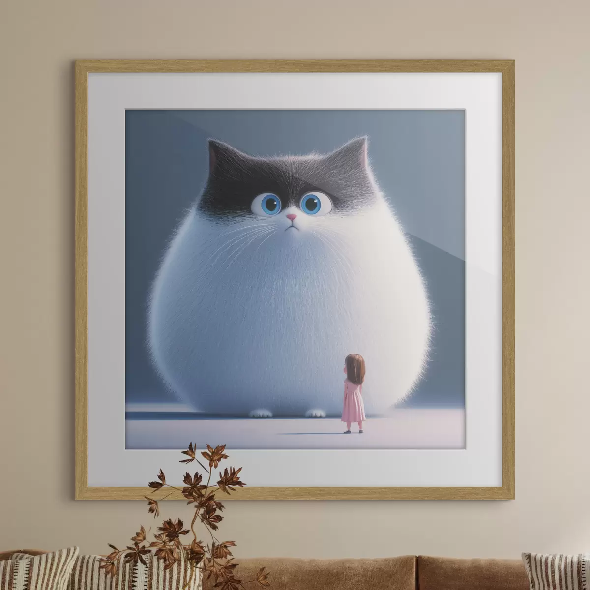 Plakat Üllatunud kohev kass koos tüdrukuga illustratsiooni stiilis f41974