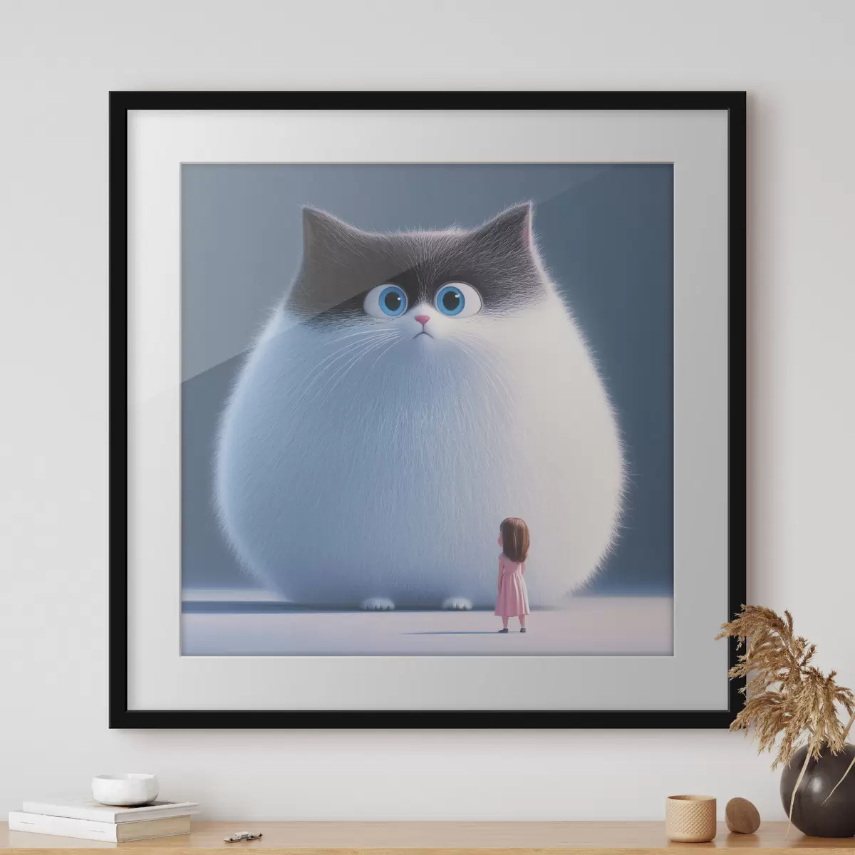 Plakat Üllatunud kohev kass koos tüdrukuga illustratsiooni stiilis f41974