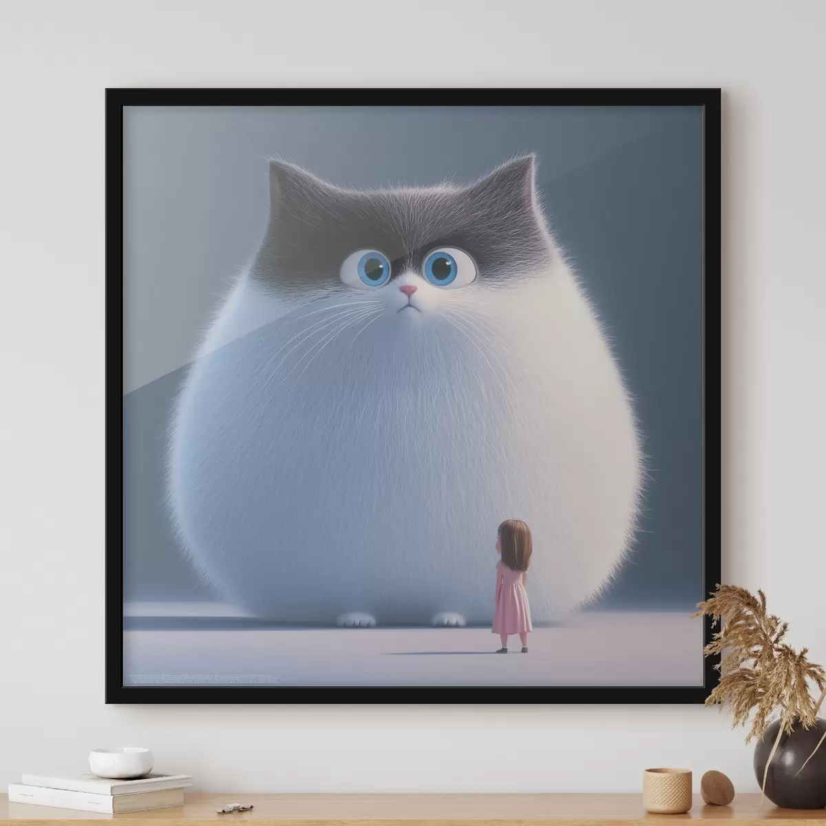 Plakat Üllatunud kohev kass koos tüdrukuga illustratsiooni stiilis f41974