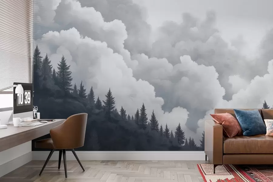 Fototapeedid Maalitud paksud pilved üle metsa õlistiilis w02411
