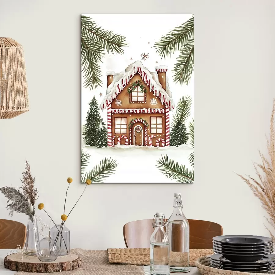 Pilt Piparkoogimaja, männipuu oksad, maitsev, pidulik, akvarellstiilis s41950