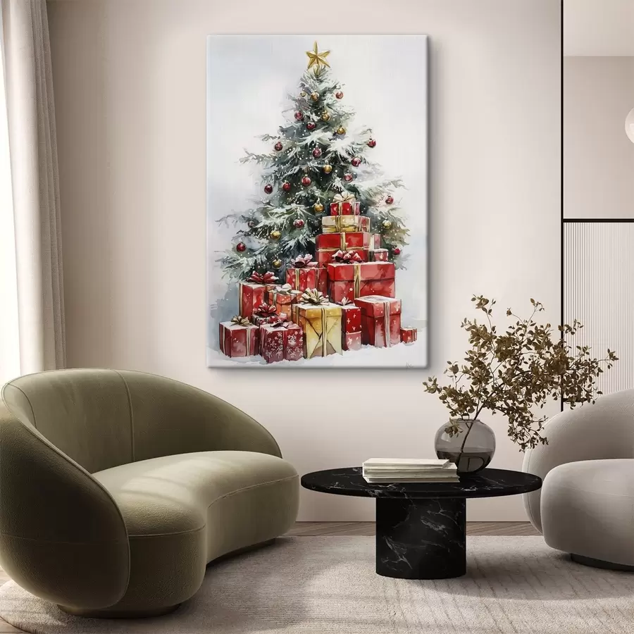 Pilt Pidulik jõulupuu koos pakitud kingitustega, lumi, akvarellstiilis s41953