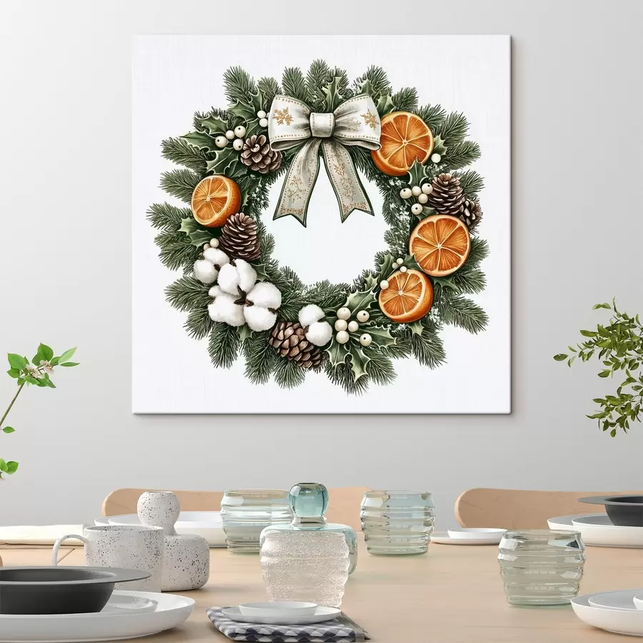 Pilt Jõulupärg puuvilla, apelsinide, metsamarjade ja käbidega, akvarellstiilis s41954