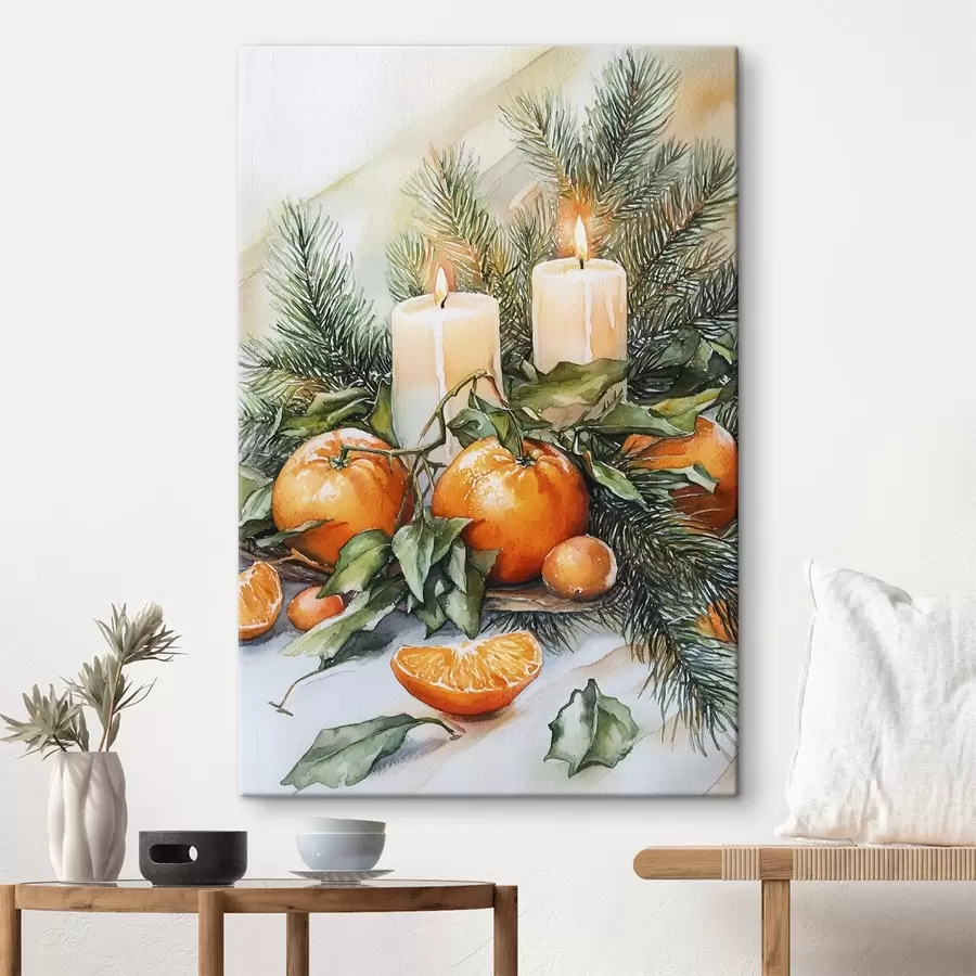Pilt Kaunis jõulukaunistus küünalde, apelsinide ja männiokstega s41958