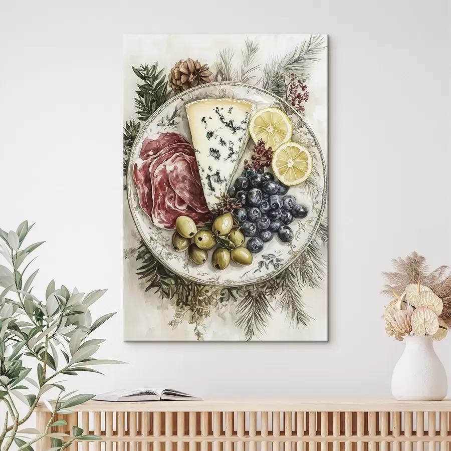 Pilt Pidulik taldrik sinihallitusjuustu, oliivide, jamon'i, sidrunite ja mustikatega, akvarellistiilis toit s41960