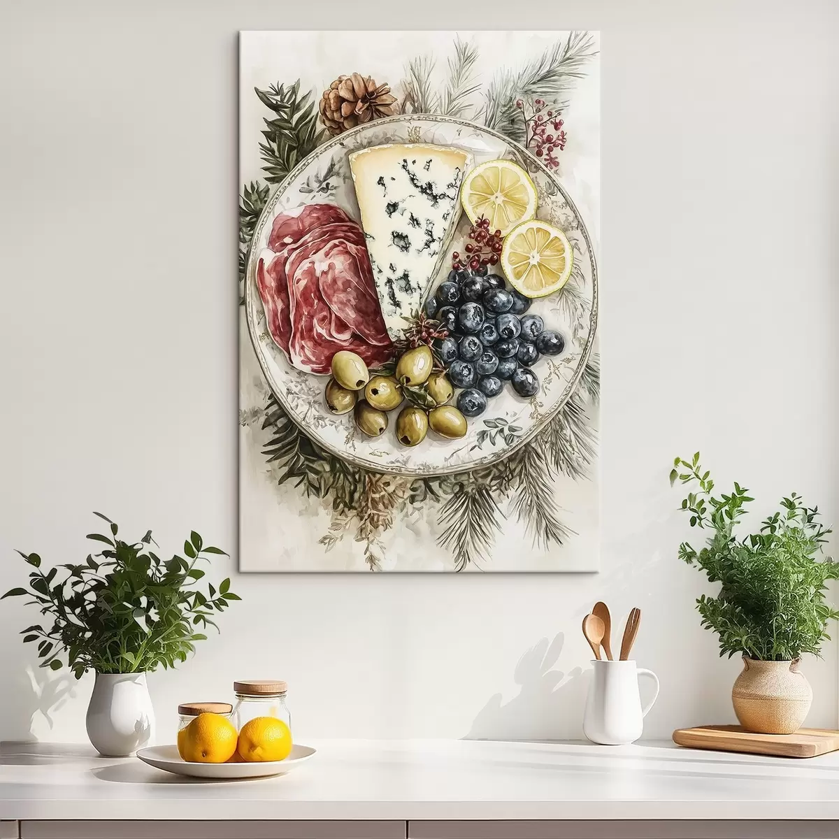 Pilt Pidulik taldrik sinihallitusjuustu, oliivide, jamon'i, sidrunite ja mustikatega, akvarellistiilis toit s41960