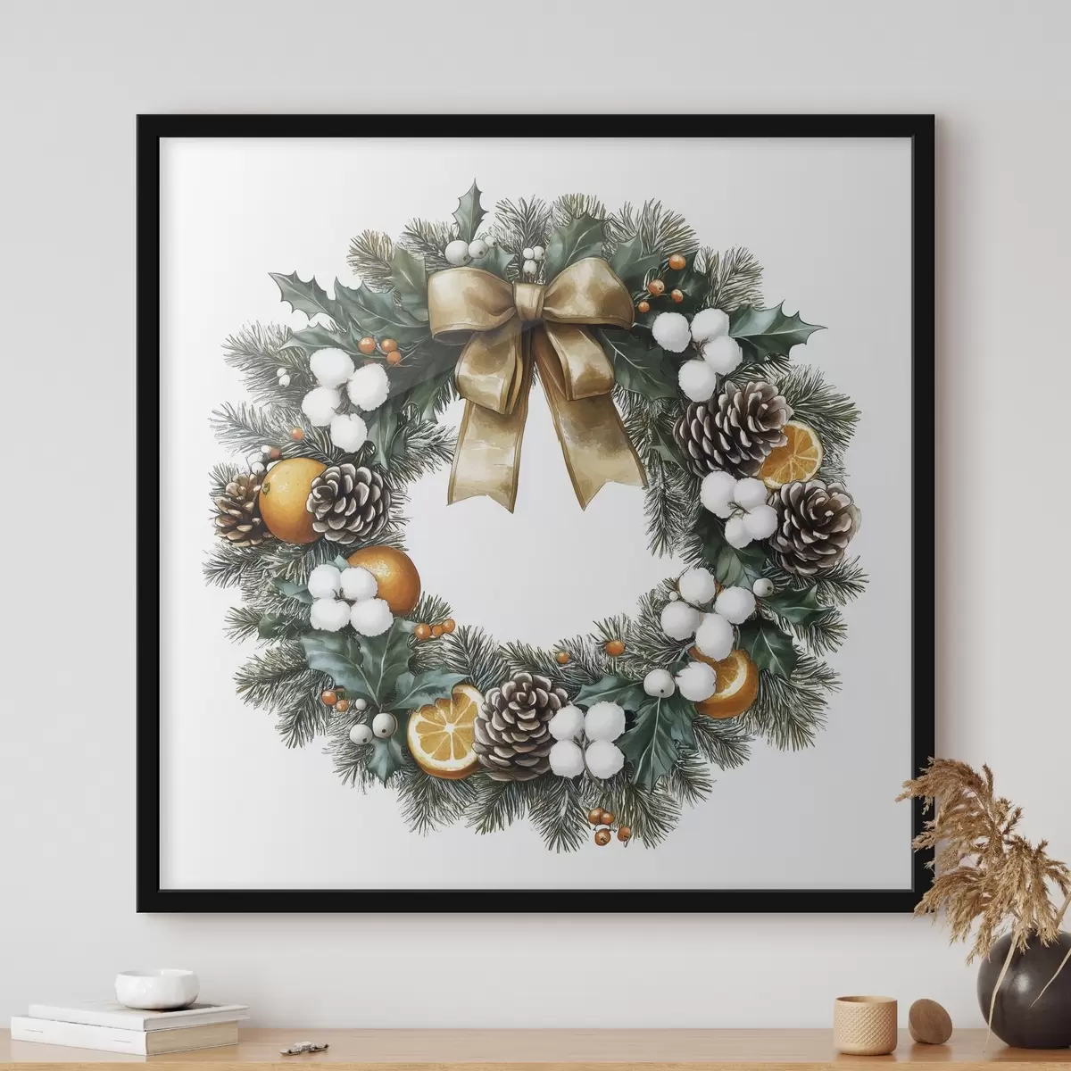 Plakat Jõulupärja pärg vibu, puuvilla, apelsinide, marjade ja käbidega f41962