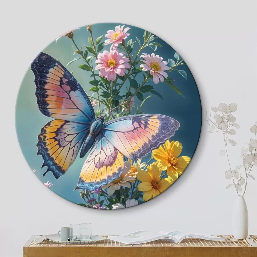 Pilt Suur värviline liblikas tumerohelisel taustal roosade ja kollaste lillede kimbul r40411