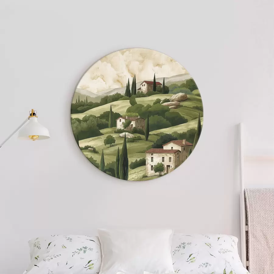 Pilt Maastik vintage majadega, pastelsetes rohelistes värvides, akrüüljoonistusega, maalähedane r40080