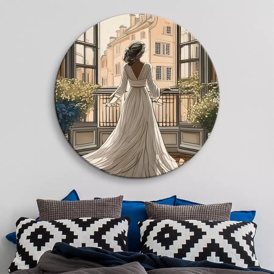 Pilt Valges kleidis tüdruku siluett suure akna lähedal r39480