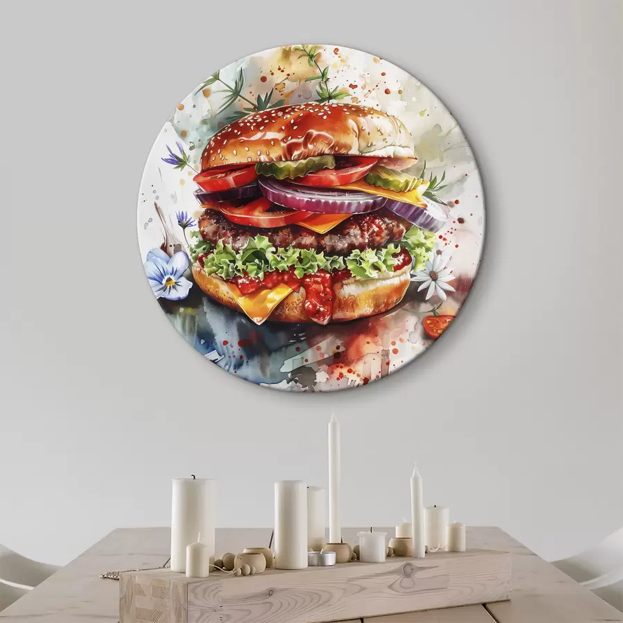 Pilt Maitsev burger lihaga, lilleline, akvarell, toidukunst r39699
