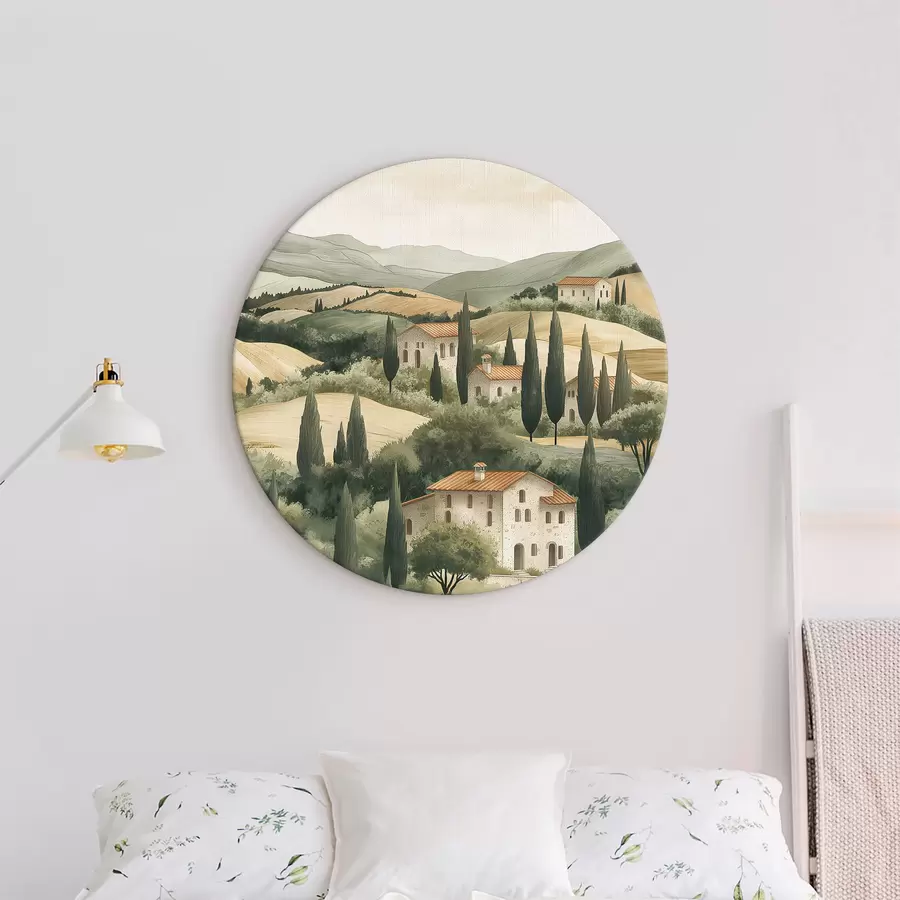 Fototapeedid Toscana maastik vanaaegsete majade, pastellvärvide, küngaste ja puudega, maalähedane r40082