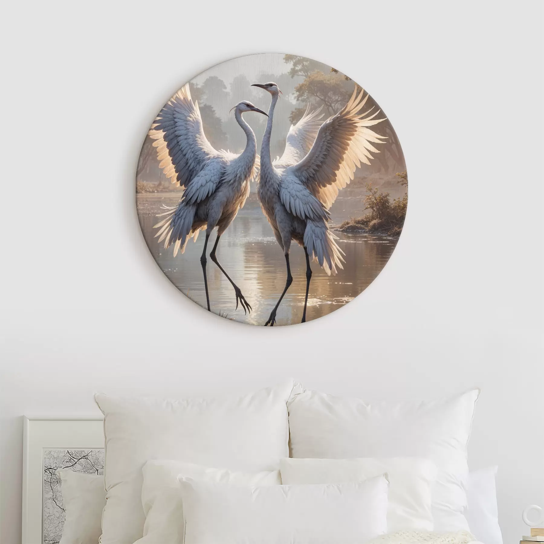 Pilt Kaks suurt halli, pikkade kaelade ja tiibadega kraanat, mis seisavad puudest ümbritsetud udujärves r40404