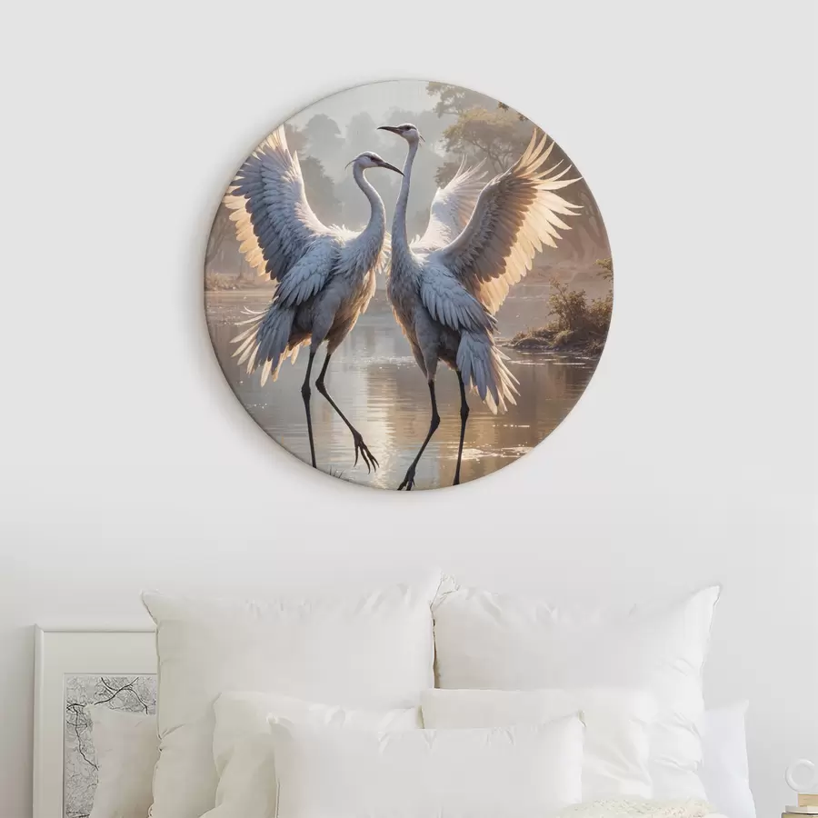 Pilt Kaks suurt halli, pikkade kaelade ja tiibadega kraanat, mis seisavad puudest ümbritsetud udujärves r40404