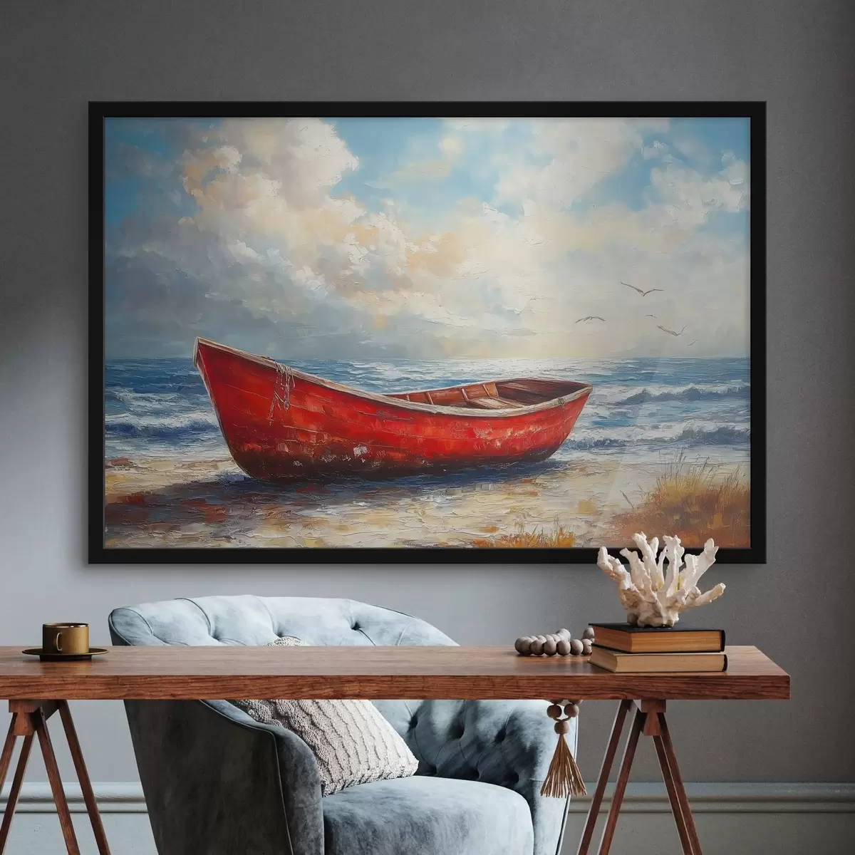 Plakat punane paat mere ääres õlivärvi stiilis f42009