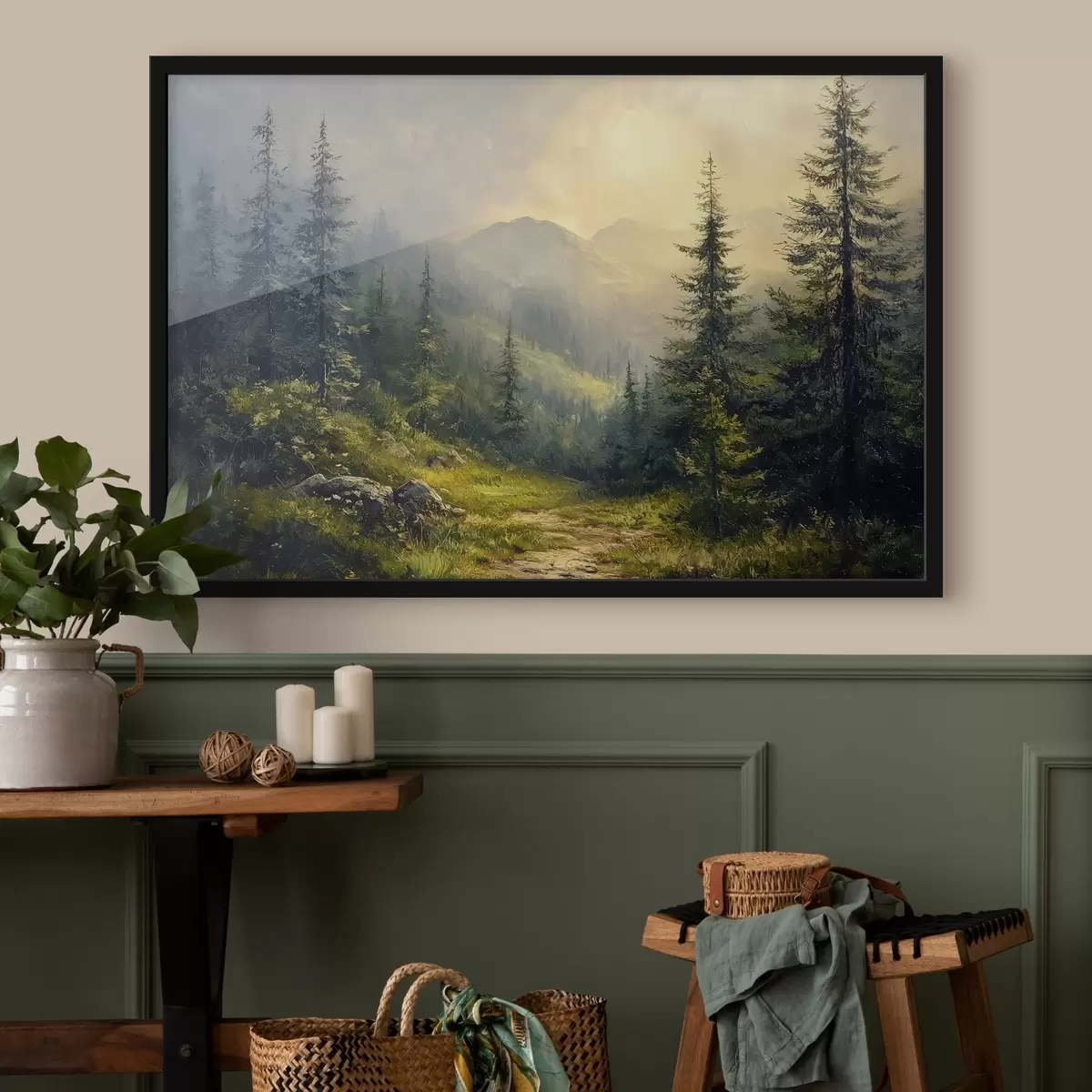 Plakat mäed udus ja puudes f42019