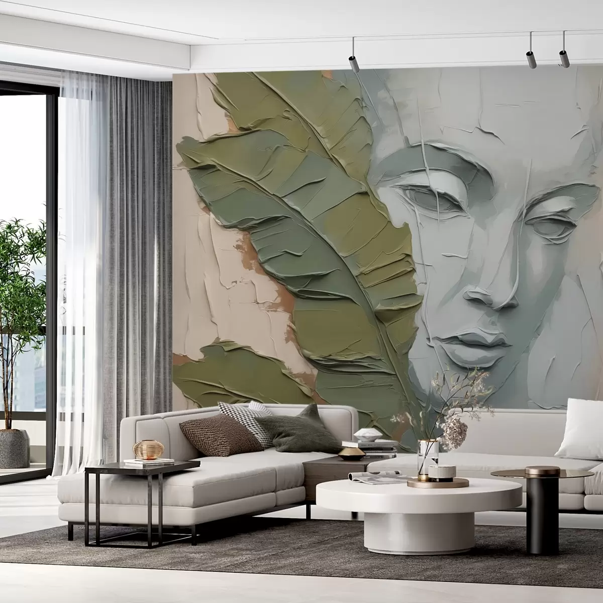 Fototapeedid Nägu troopiliste lehtede lähedal imiteerib värvilööke ja tekstuuri w02436