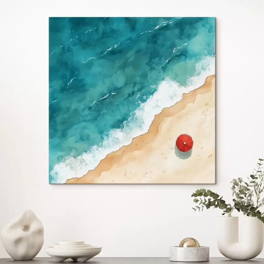 Pilt Liivane rand koos mere ja punase vihmavarjuga, vaade ülevalt alla s42040