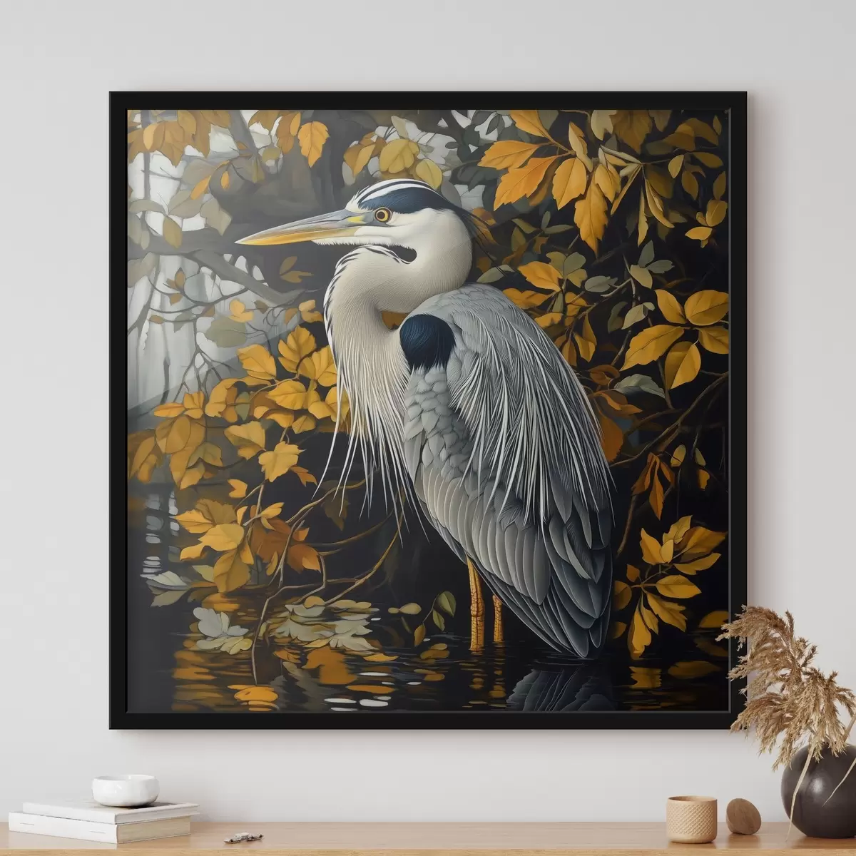 Plakat Haigur vees sügislehtede taustal f42041