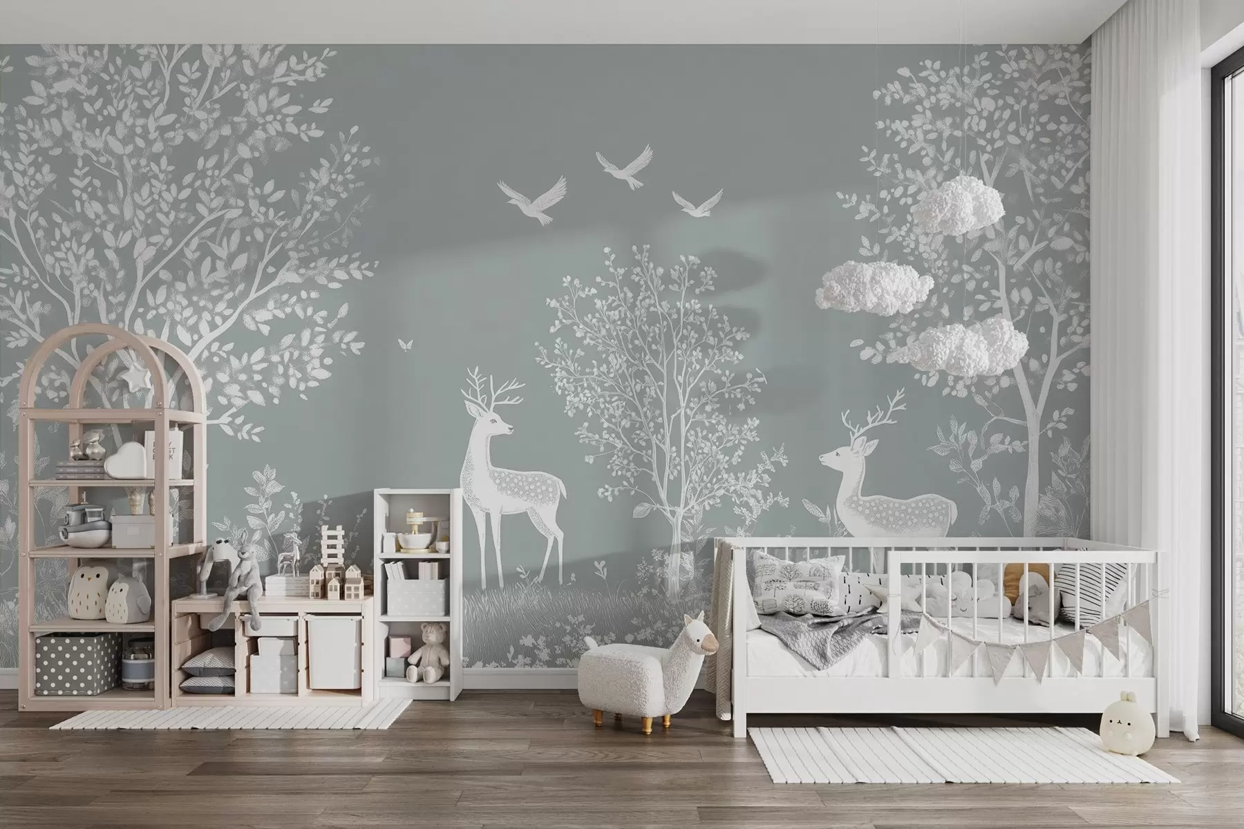 Fototapeedid mets koos hirvedega kriidijoonistuse stiilis hallil taustal w02444v2