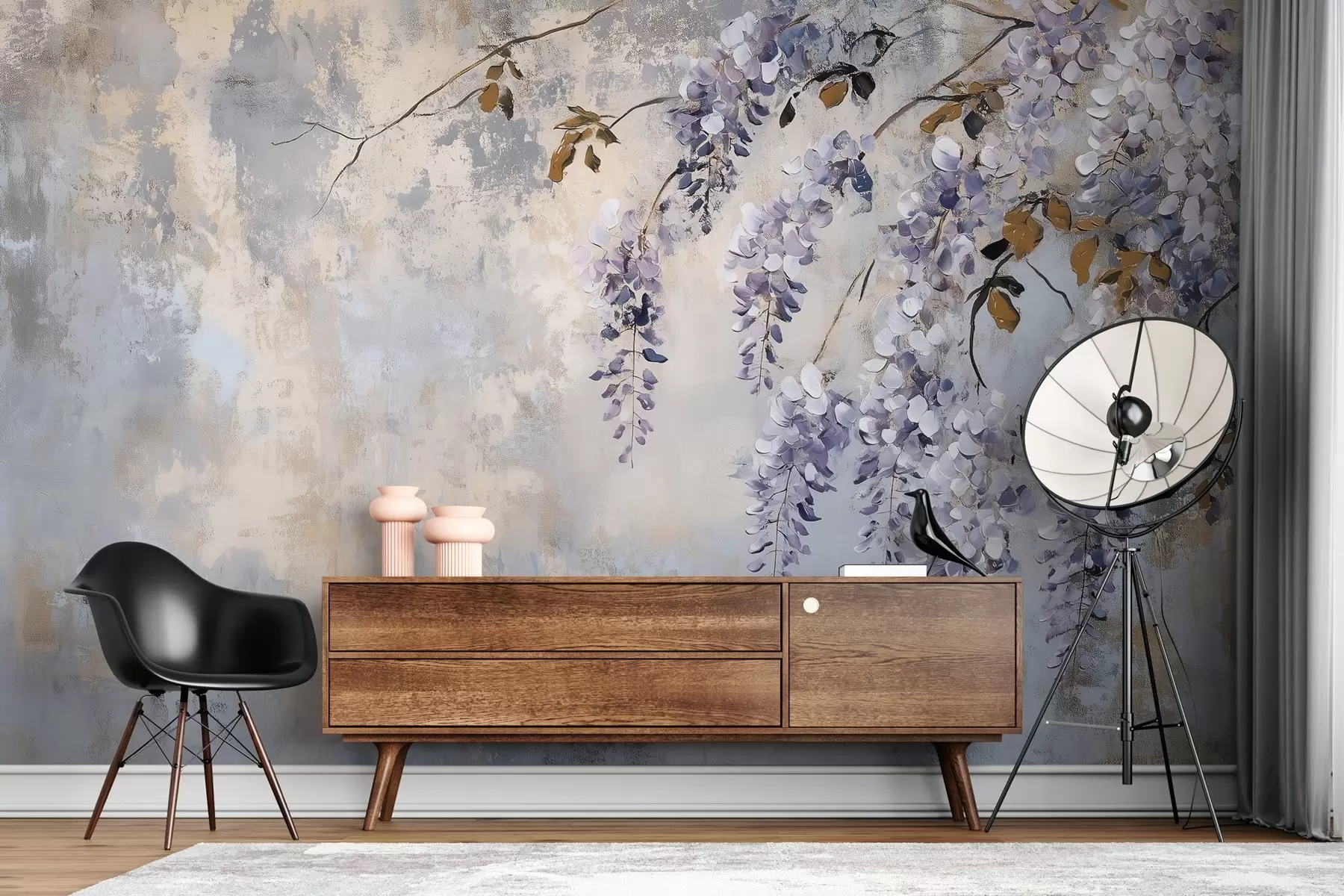 Fototapeedid pehmete, vaiksete värvidega tekstuurne tapeet, millel on õrnad lehvikute lilled ja oksad w02451